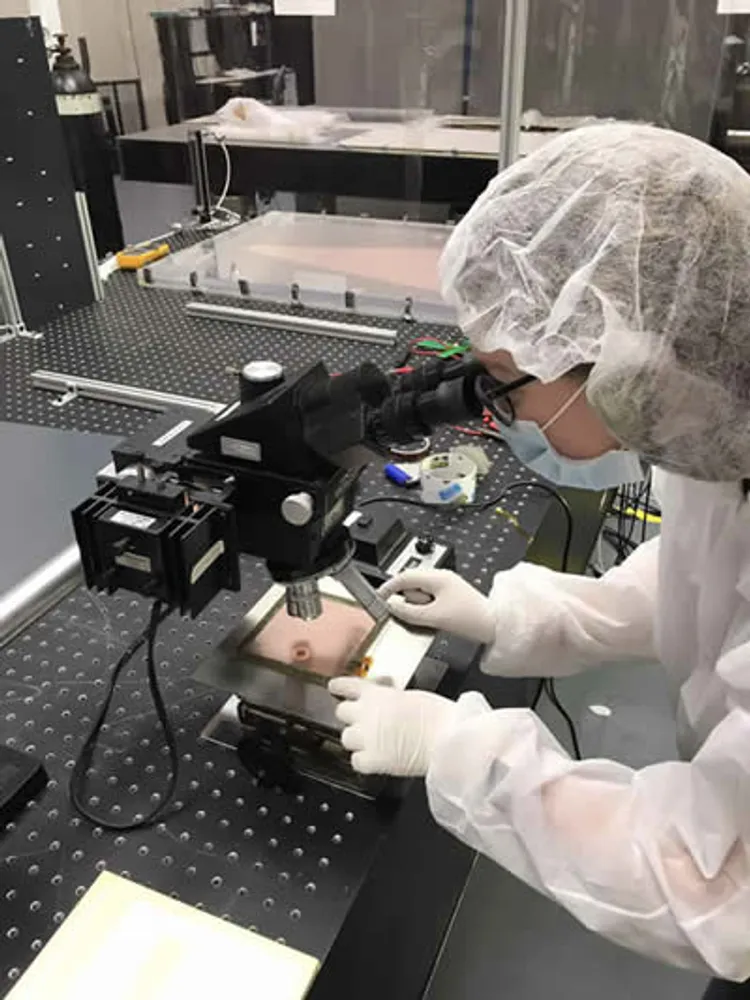 Sarah checking a GEM foil in our clean room