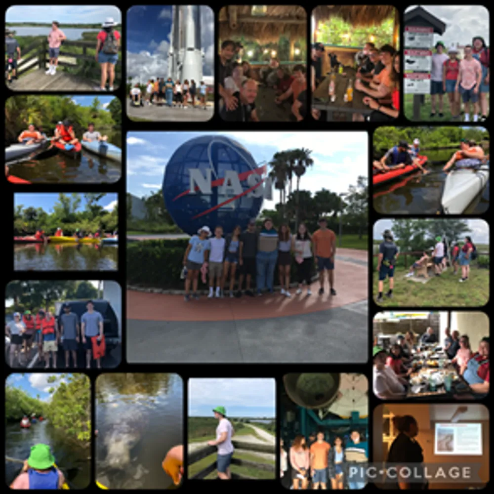 Collage of student activities during REU including visit to Kennedy Space Center and kayaking