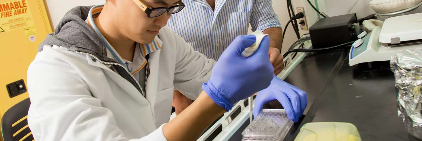 Lab worker with rubber gloves and test tubes