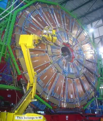 CMS experiment:  Installation of Alignment Sensors for the Muon Endcap Chambers. Photo credit: MH.  More CMS photos from CERN.