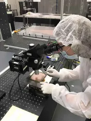 Sarah checking a GEM foil in our clean room