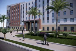 Sidewalk view of the new student housing complex