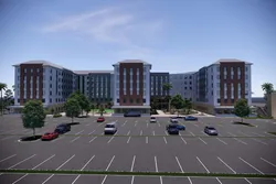 Parking lot side of the new student housing complex