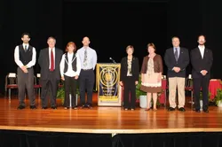 All inductees standing on th estage together